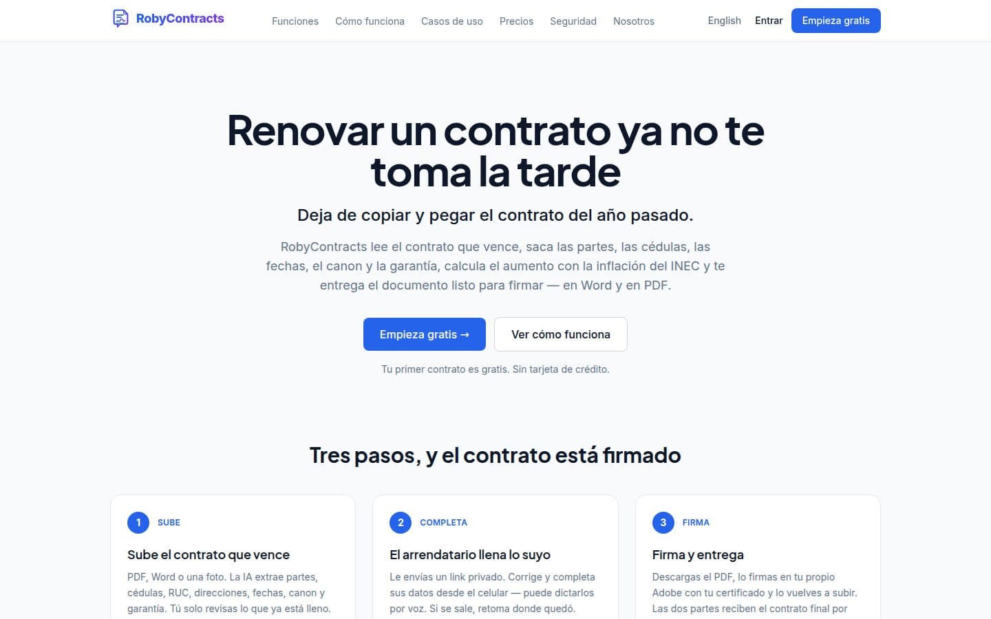 La página principal de RobyContracts: renovar un contrato en tres pasos
